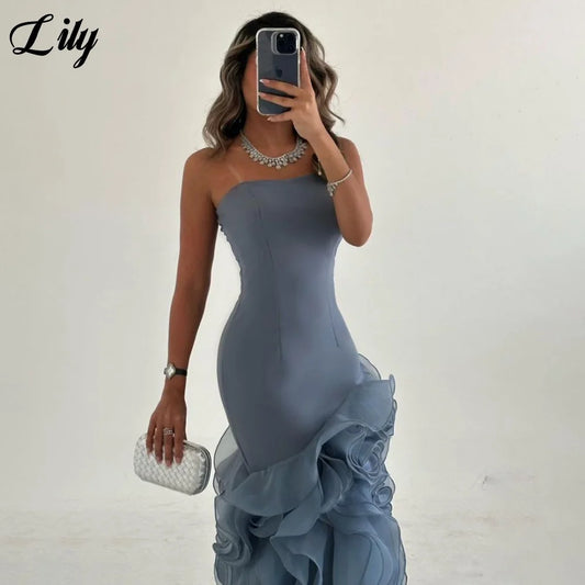 Lily bordeaux robe formelle élégante sans manches volants robe de bal sans bretelles plissé femme robes de soirée robe de bal personnalisé