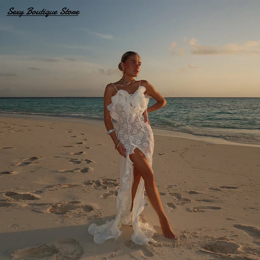 Chic tricot évider robe Maxi volants bord épaules dénudées fête longues