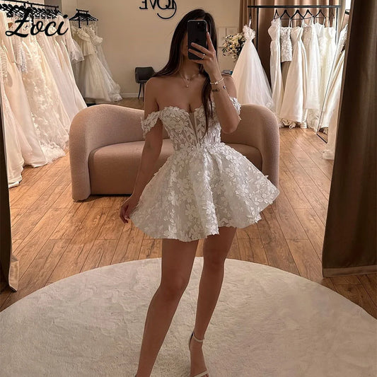 Zoci exquise robes de mariée courtes 3D dentelle Appliques chérie robe de mariée personnalisé épaules nues dos nu robes de mariée