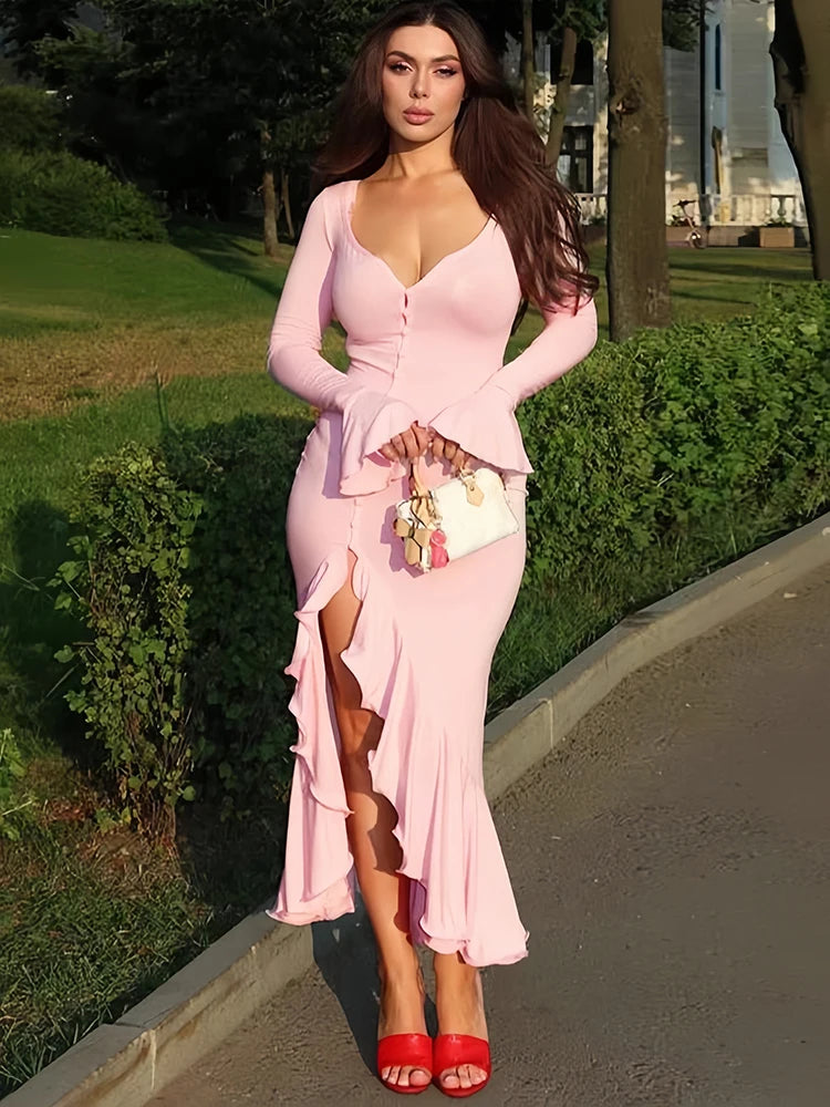 Sibybo volants col en V moulante robe Maxi