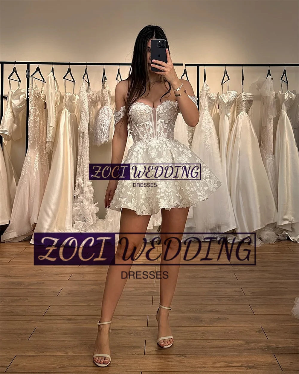 Zoci exquise robes de mariée courtes 3D dentelle Appliques chérie robe de mariée personnalisé épaules nues dos nu robes de mariée