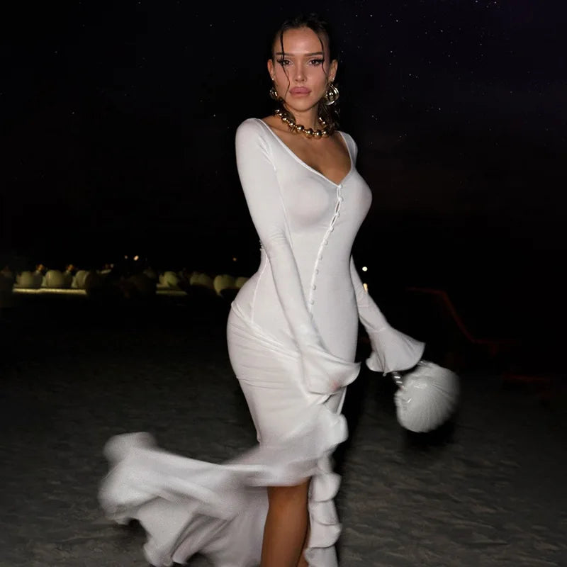 Sibybo volants col en V moulante robe Maxi