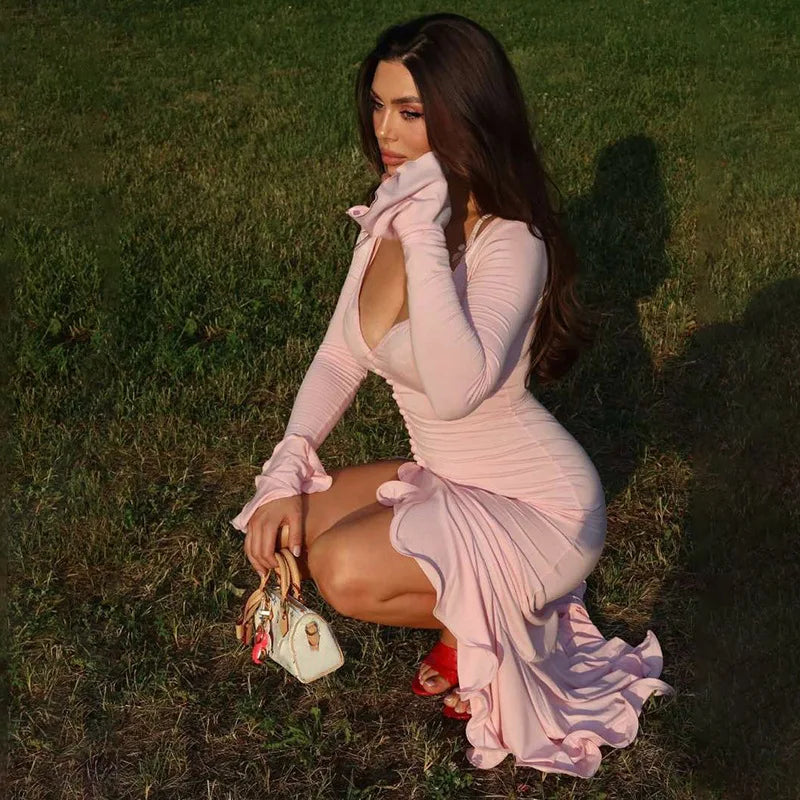 Sibybo volants col en V moulante robe Maxi