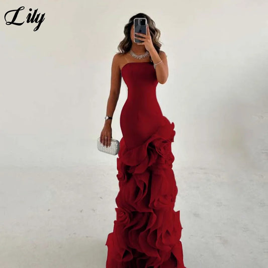 Lily bordeaux robe formelle élégante sans manches volants robe de bal sans bretelles plissé femme robes de soirée robe de bal personnalisé