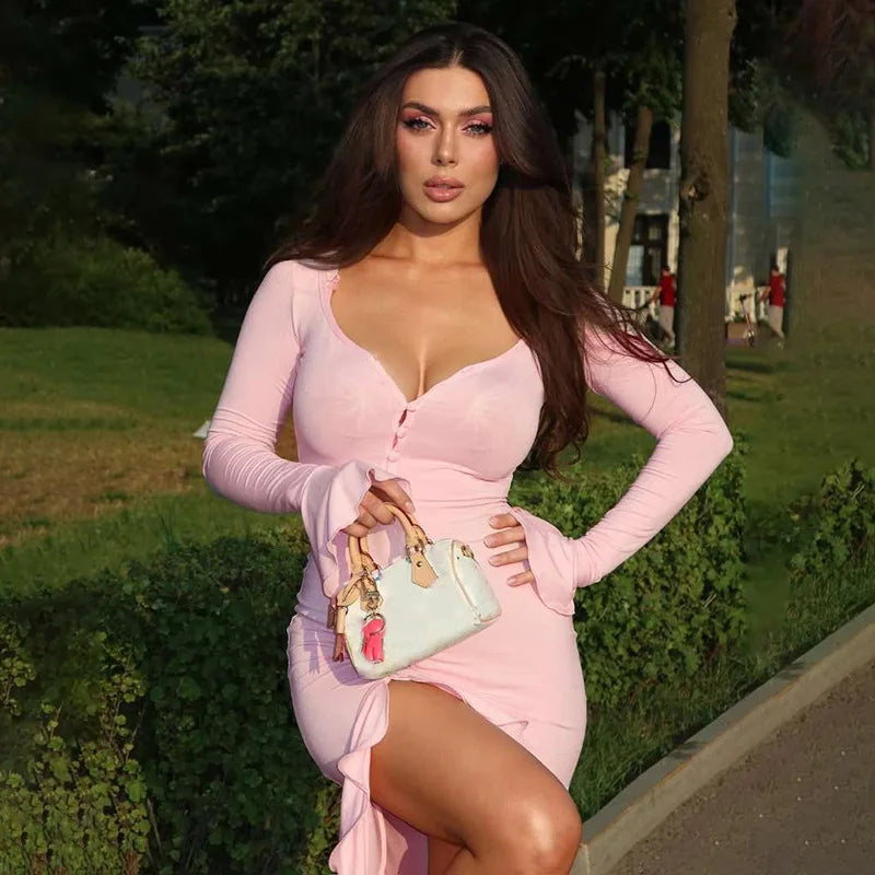 Sibybo volants col en V moulante robe Maxi