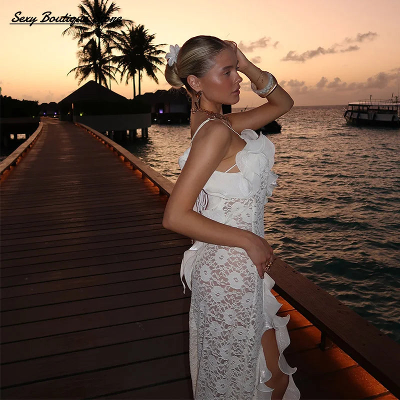 Chic tricot évider robe Maxi volants bord épaules dénudées fête longues