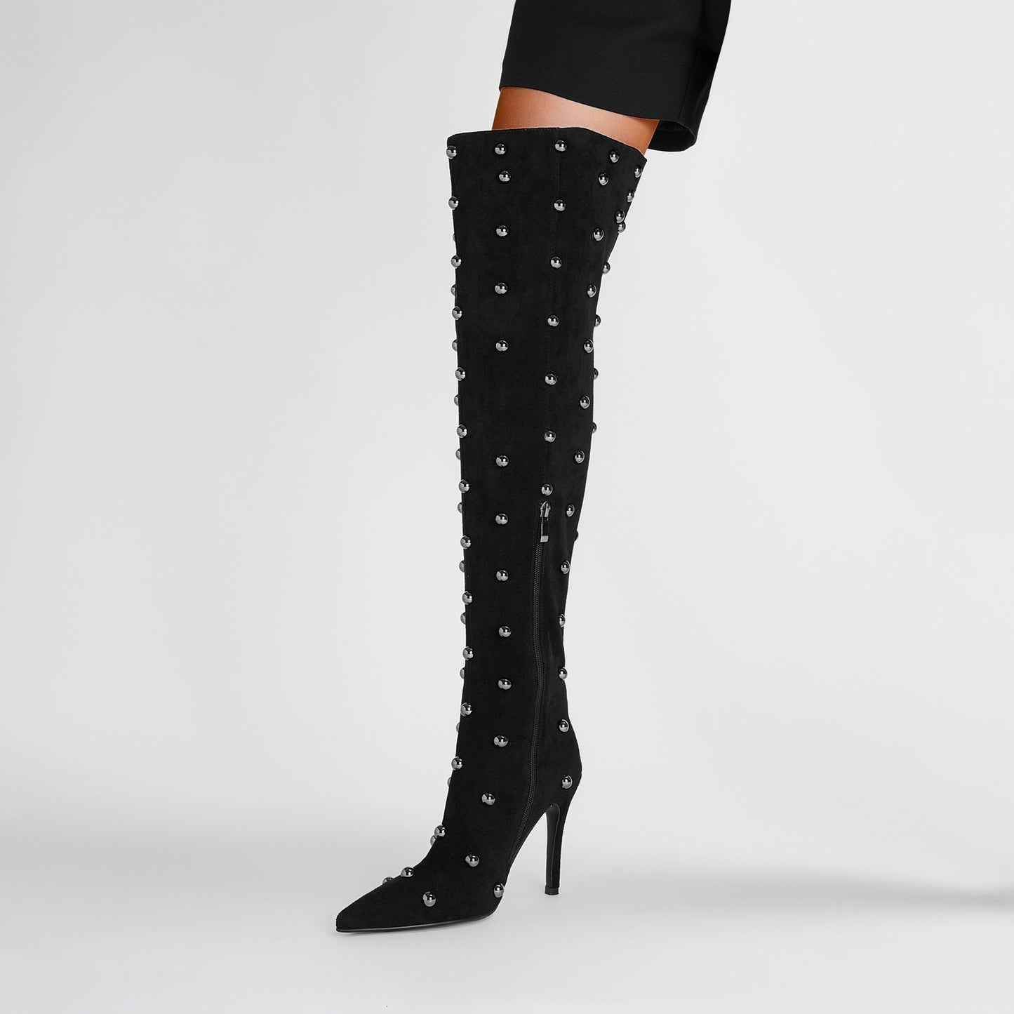 Pointed Toe Bead Rivet Knee High Boots