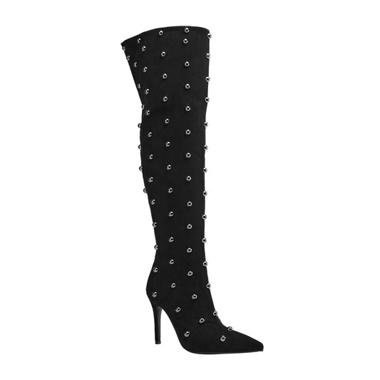 Pointed Toe Bead Rivet Knee High Boots
