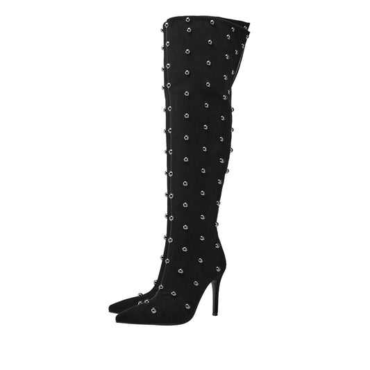 Pointed Toe Bead Rivet Knee High Boots
